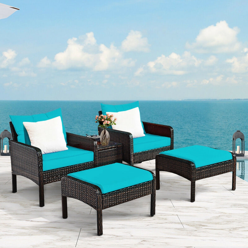 5 Pcs Patio Rattan Sofa Ottoman Furniture Set with Cushions-Turquoise