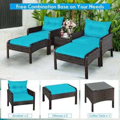 5 Pcs Patio Rattan Sofa Ottoman Furniture Set with Cushions-Turquoise