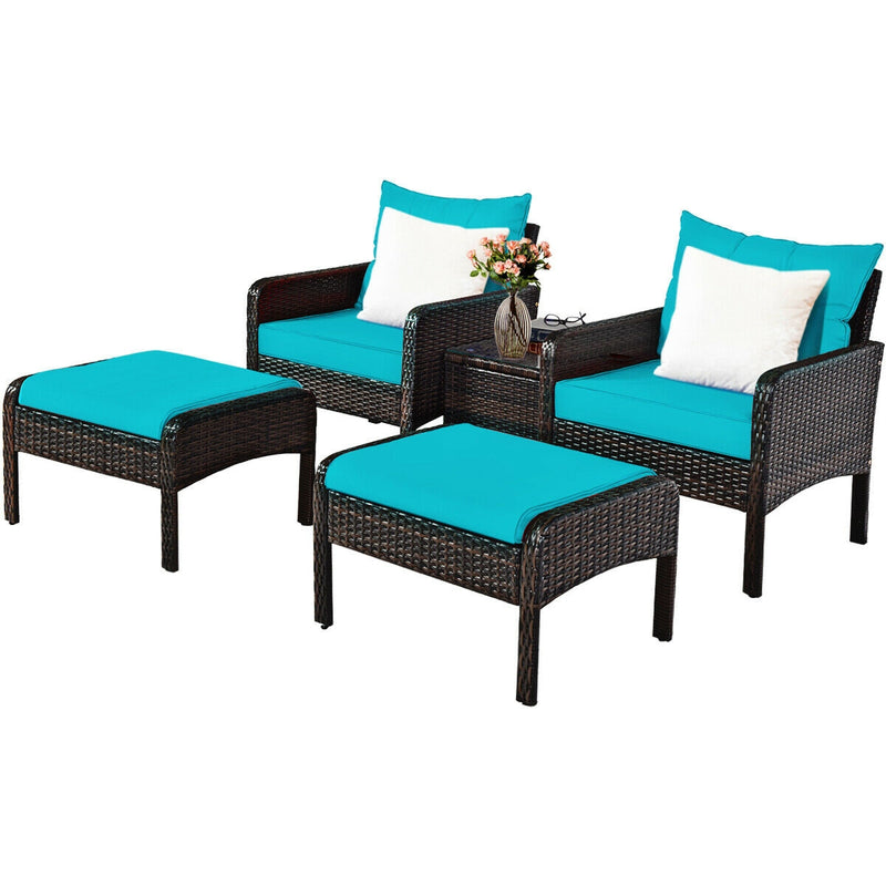 5 Pcs Patio Rattan Sofa Ottoman Furniture Set with Cushions-Turquoise