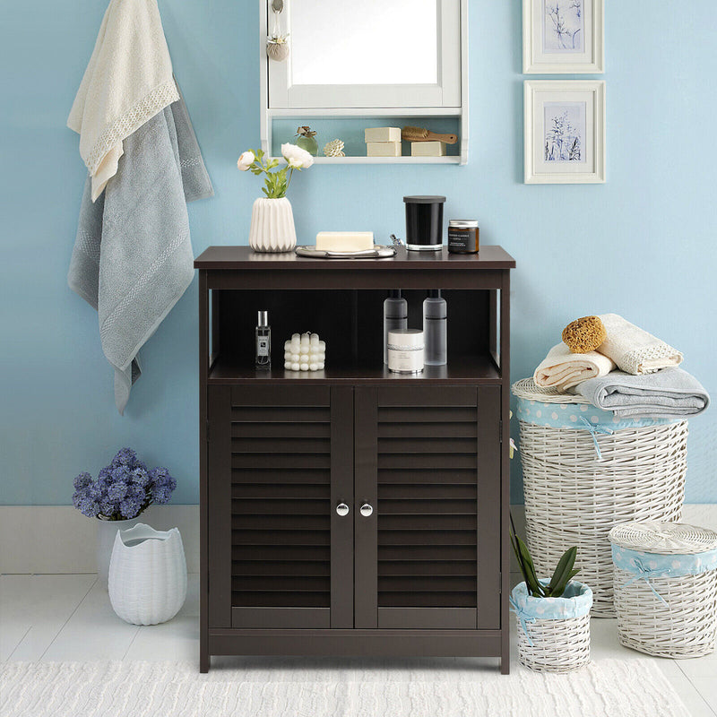 Wood Freestanding Bathroom Storage Cabinet with Double Shutter Door-Brown