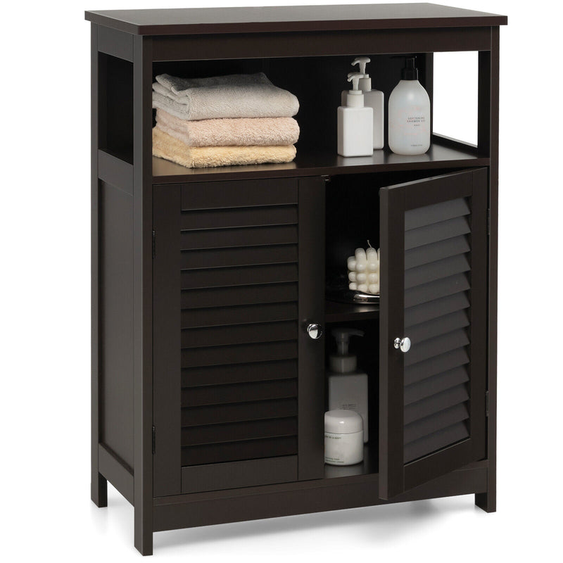 Wood Freestanding Bathroom Storage Cabinet with Double Shutter Door-Brown