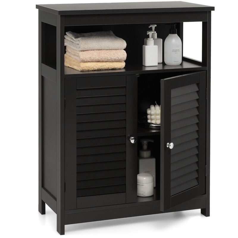 Wood Freestanding Bathroom Storage Cabinet with Double Shutter Door-Black