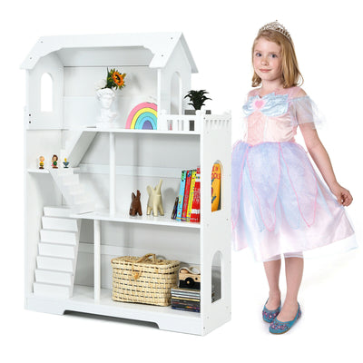 Kids Wooden Dollhouse Bookshelf with Anti-Tip Design and Storage Space-White