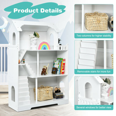 Kids Wooden Dollhouse Bookshelf with Anti-Tip Design and Storage Space-White