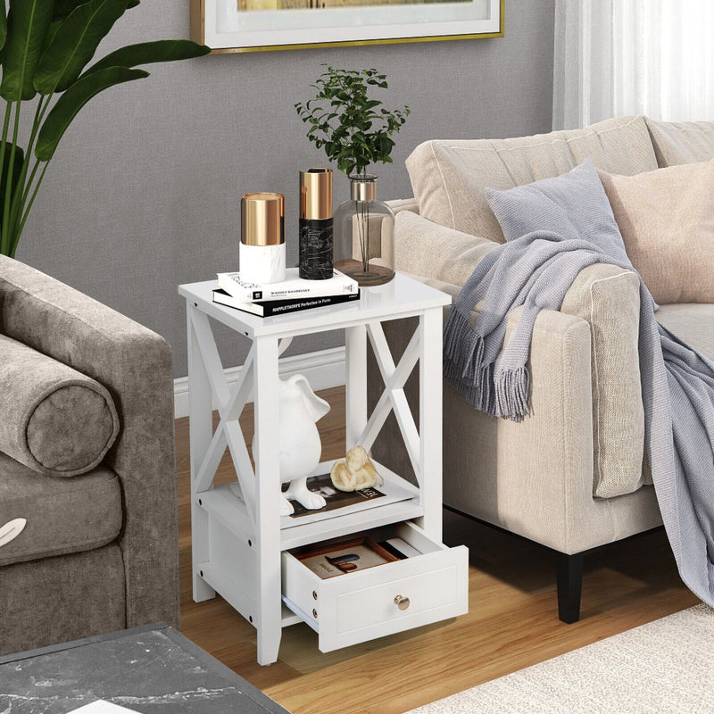 2-Tier 16 x 14 Inch Multifunctional Nightstand with Storage Drawer-White