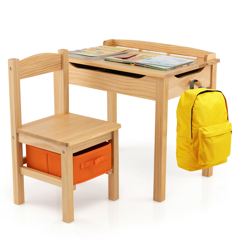 Wood Activity Kids Table and Chair Set with Storage Space-Natural