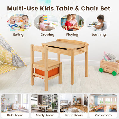 Wood Activity Kids Table and Chair Set with Storage Space-Natural