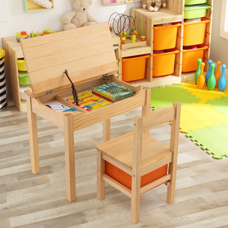 Wood Activity Kids Table and Chair Set with Storage Space-Natural