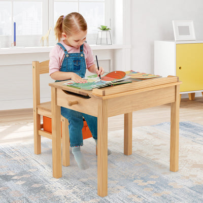 Wood Activity Kids Table and Chair Set with Storage Space-Natural