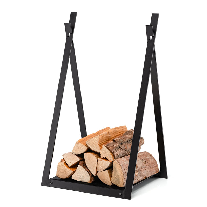 Triangle Firewood Rack with Raised Base for Fireplace Fire Pit-Black