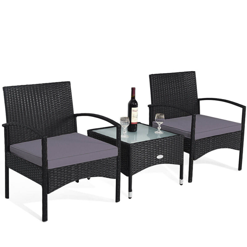 3 Pieces Patio Wicker Rattan Furniture Set with Cushion for Lawn Backyard-Gray