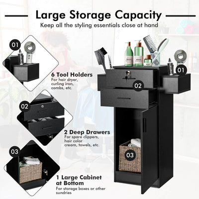 Salon Station Storage Cabinet with 6 Hair Dryer Holders for Hair Stylist-Black