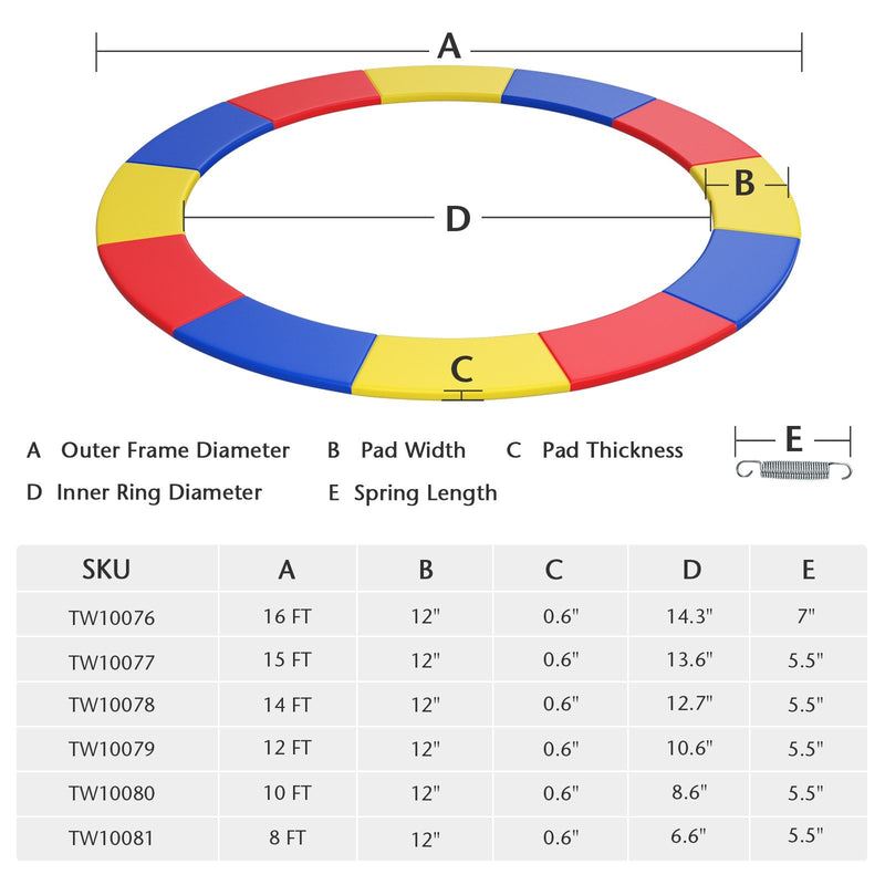12 Feet Waterproof and Tear-Resistant Universal Trampoline Safety Pad Spring Cover-Multicolor