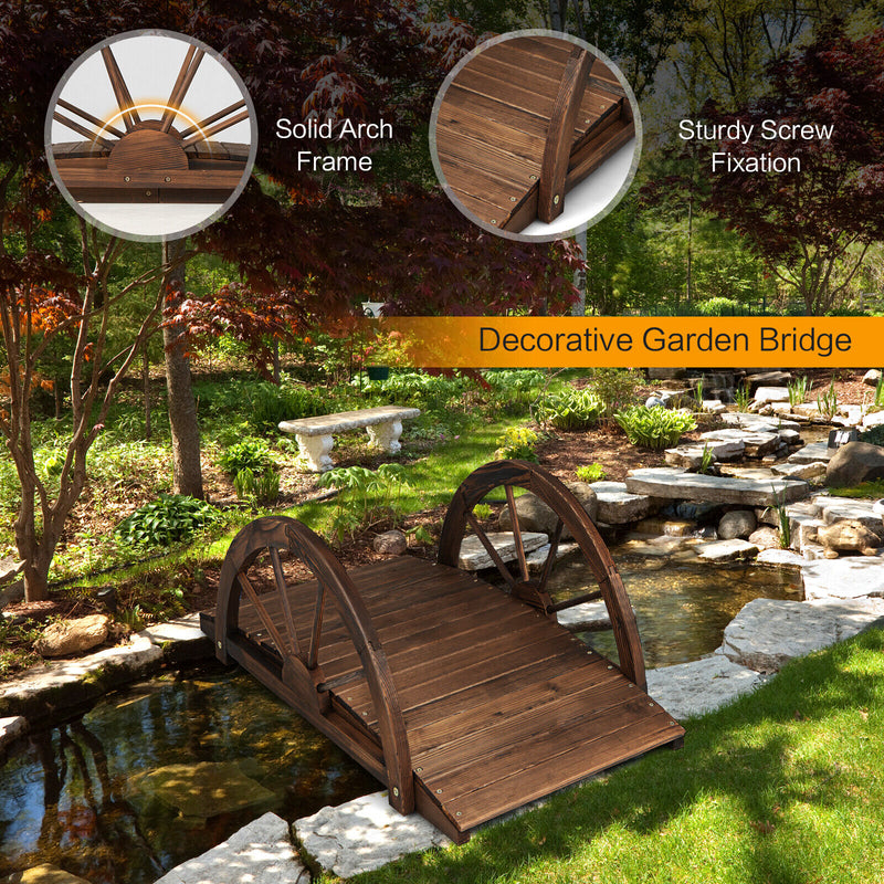 3.3 Feet Wooden Garden Bridge with Half-Wheel Safety Rails-Rustic Brown