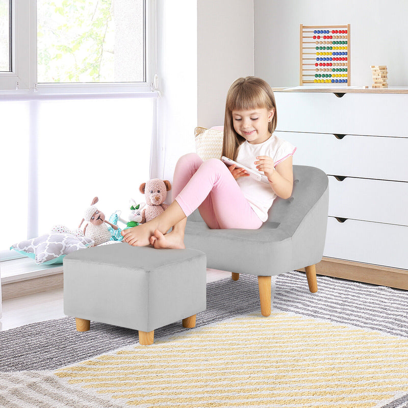 Soft Velvet Upholstered Kids Sofa Chair with Ottoman-Gray