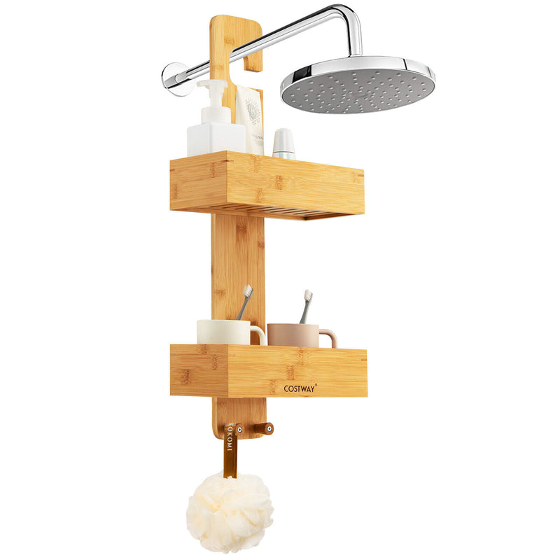 2-Tier Bamboo Hanging Shower Caddy Bathroom Shelf with 2 Hooks-Natural