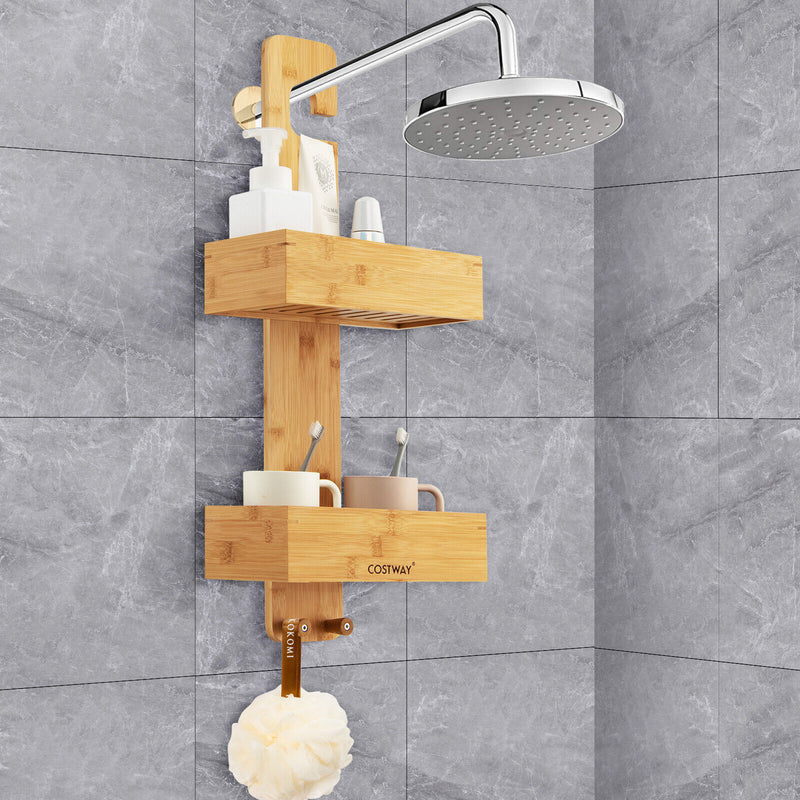 2-Tier Bamboo Hanging Shower Caddy Bathroom Shelf with 2 Hooks-Natural