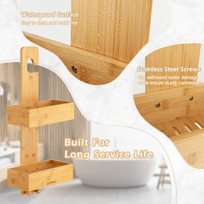 2-Tier Bamboo Hanging Shower Caddy Bathroom Shelf with 2 Hooks-Natural