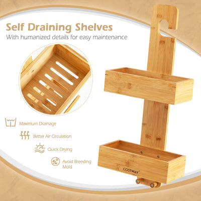 2-Tier Bamboo Hanging Shower Caddy Bathroom Shelf with 2 Hooks-Natural