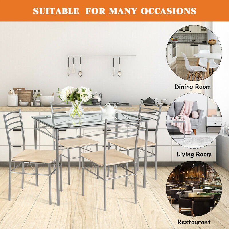 5 Pieces Dining Set Glass Table and 4 Chairs