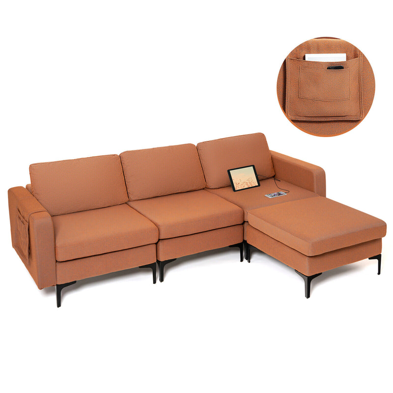 Modular L-shaped Sectional Sofa with Reversible Chaise and 2 USB Ports-Orange