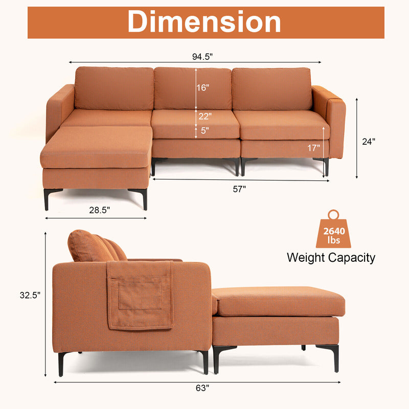 Modular L-shaped Sectional Sofa with Reversible Chaise and 2 USB Ports-Orange