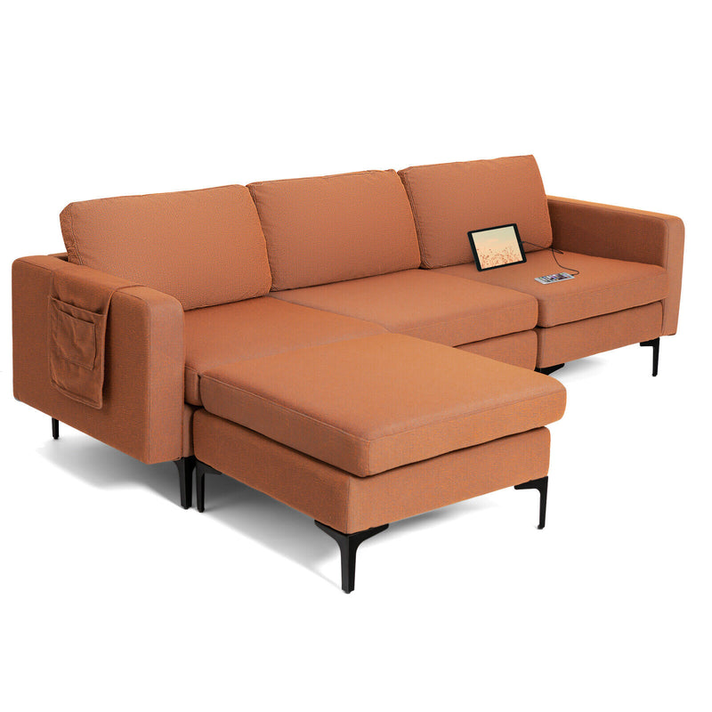 Modular L-shaped Sectional Sofa with Reversible Chaise and 2 USB Ports-Orange