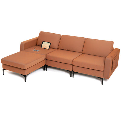 Modular L-shaped Sectional Sofa with Reversible Chaise and 2 USB Ports-Orange