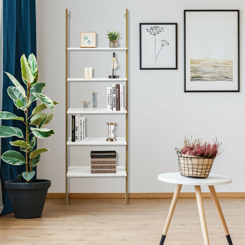 5-Tier Wood Look Ladder Shelf with Metal Frame for Home-Bronze