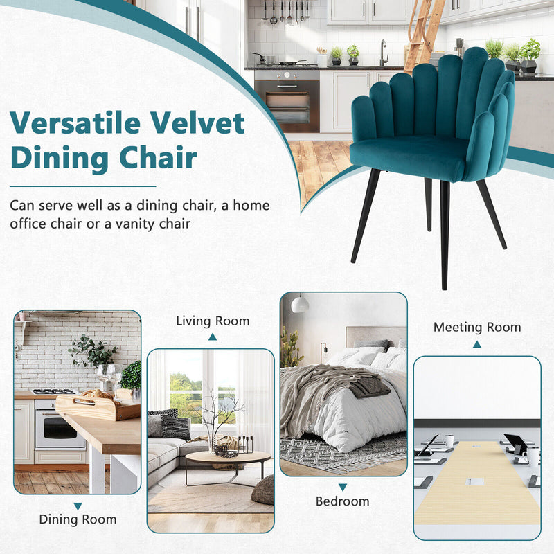 Modern Velvet Dining Chair with Metal Base and Petal Backrest-Teal