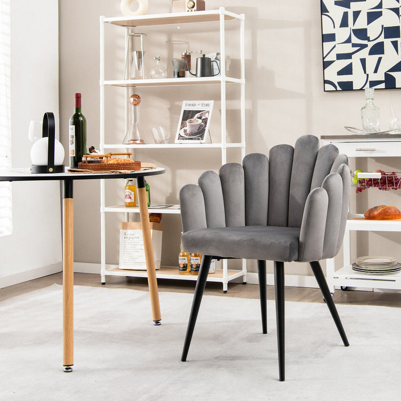 Modern Velvet Dining Chair with Metal Base and Petal Backrest-Gray