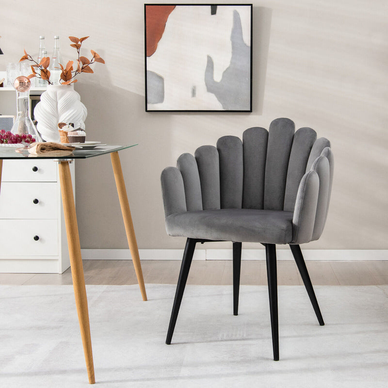 Modern Velvet Dining Chair with Metal Base and Petal Backrest-Gray