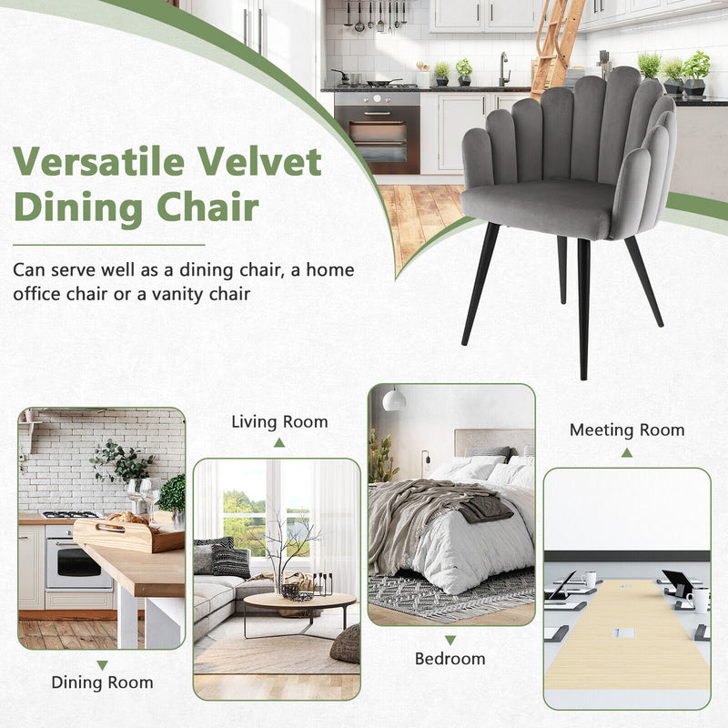 Modern Velvet Dining Chair with Metal Base and Petal Backrest-Gray