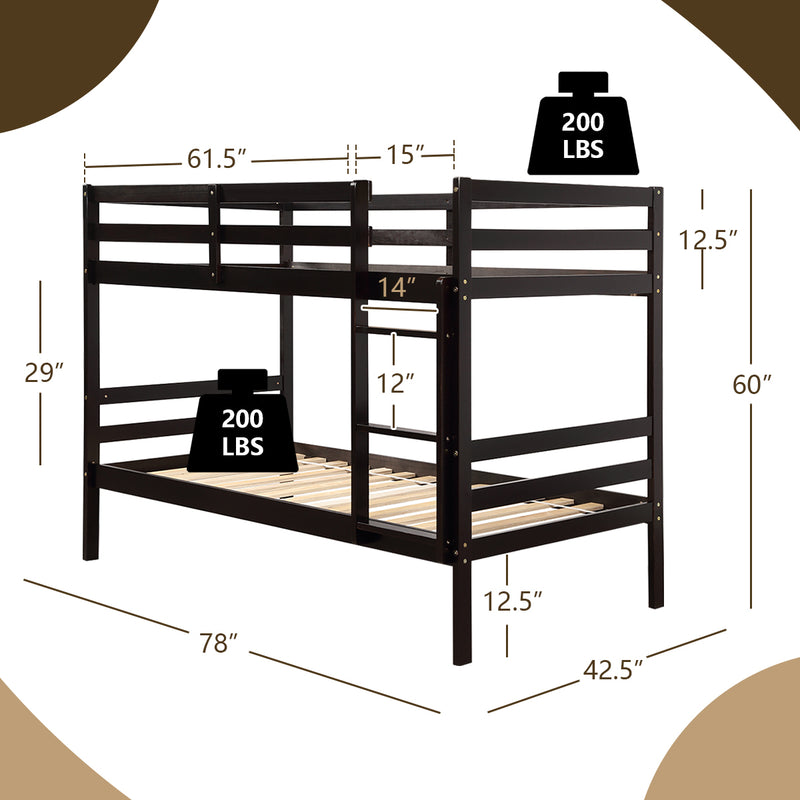 Twin Bunk Bed Children Wooden Bunk Beds Solid Hardwood-Brown