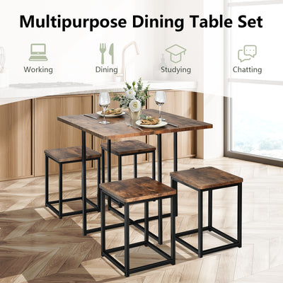 5 Pieces Metal Frame Dining Set with Compact Dining Table and 4 Stools -Walnut