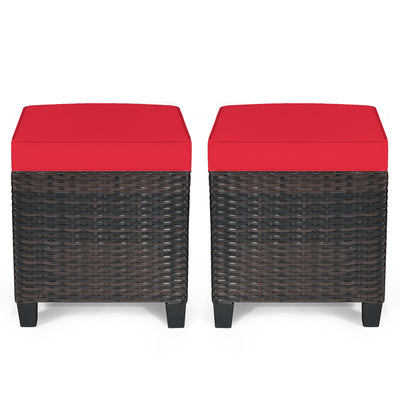 2PCS Patio Rattan Ottoman Cushioned Seat-Red