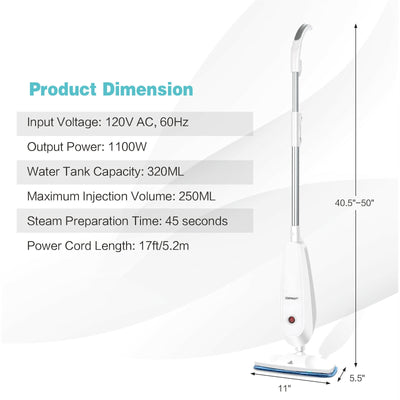 1100 W Electric Steam Mop with Water Tank for Carpet-White