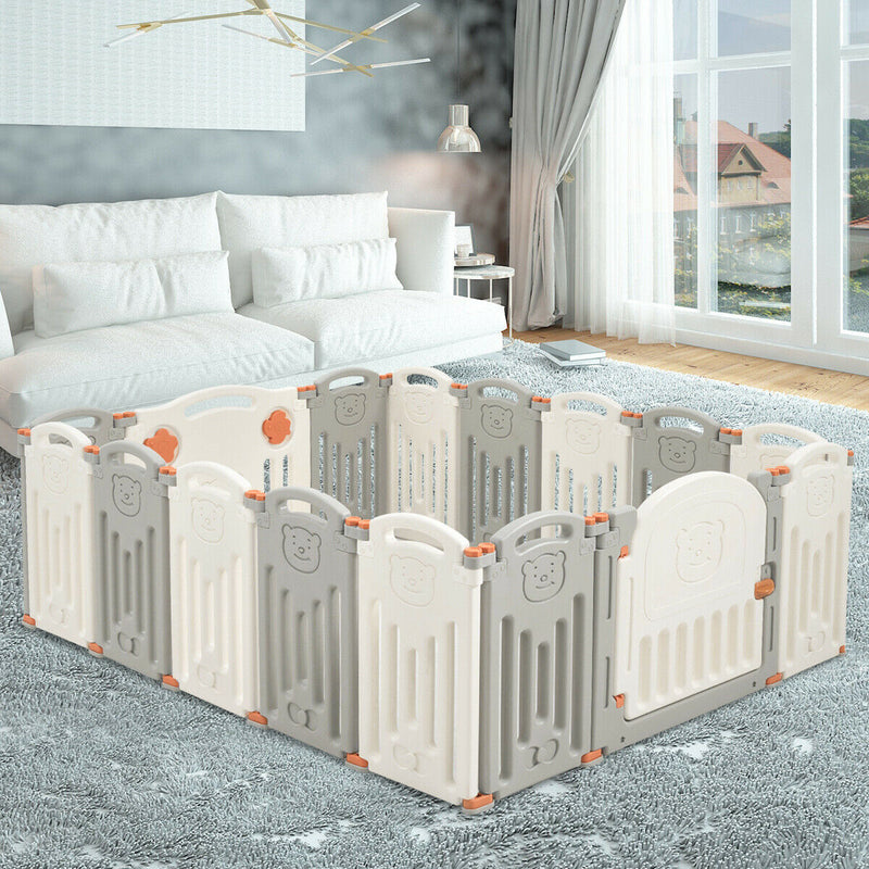 16 Panel Activity Safety Baby Playpen with Lock Door-Beige