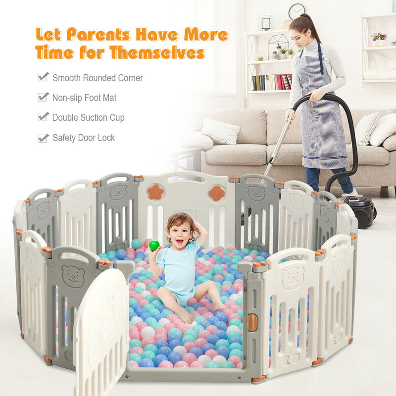 16 Panel Activity Safety Baby Playpen with Lock Door-Beige