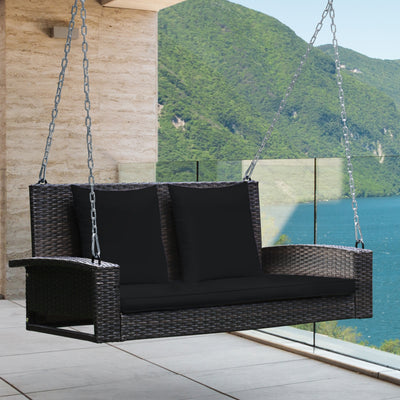 2-Person Patio Rattan Porch Swing with Cushions-Black