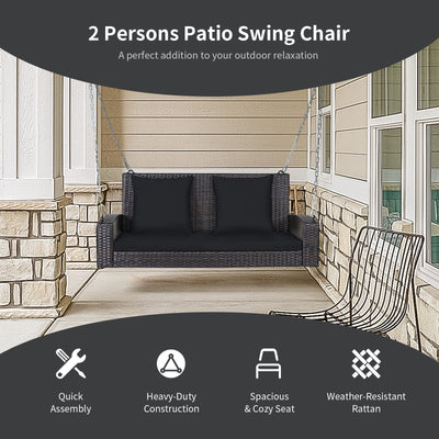 2-Person Patio Rattan Porch Swing with Cushions-Black