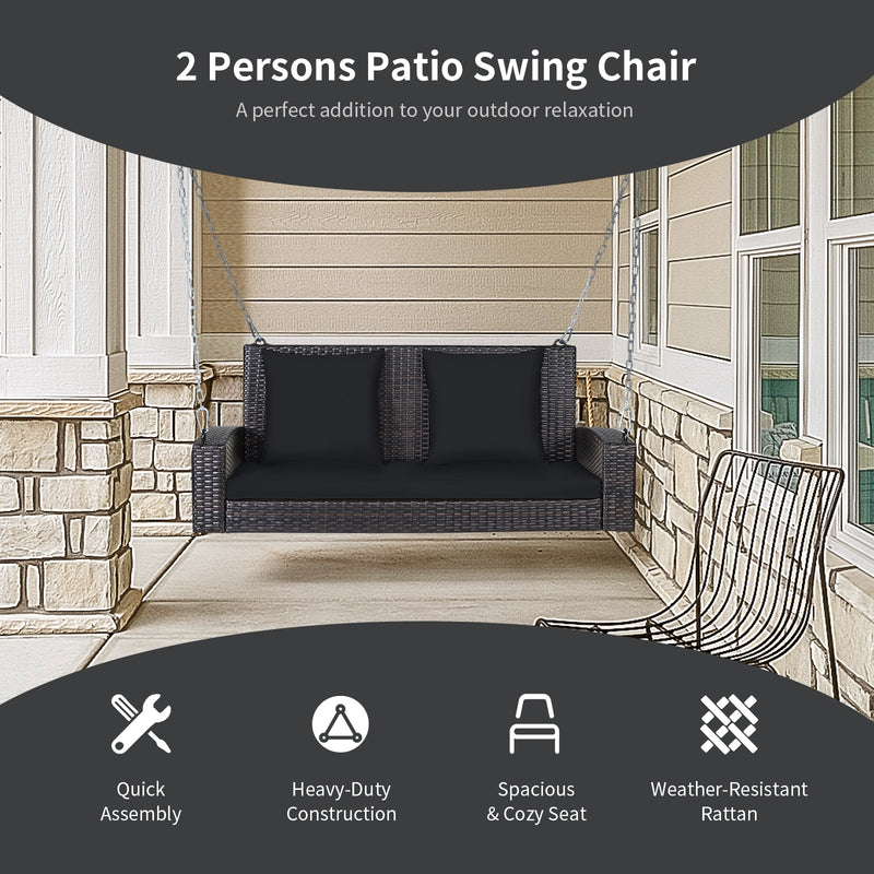 2-Person Patio Rattan Porch Swing with Cushions-Black