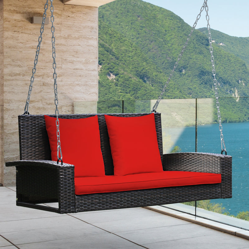 2-Person Patio Rattan Porch Swing with Cushions-Red