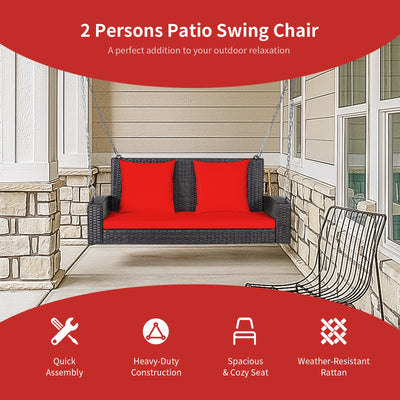 2-Person Patio Rattan Porch Swing with Cushions-Red