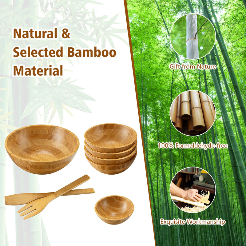 8 Pieces Bamboo Salad Bowl Set with Server Utensils-Natural