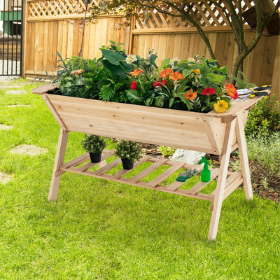 Raised Wood Garden Bed with Shelf and Liner