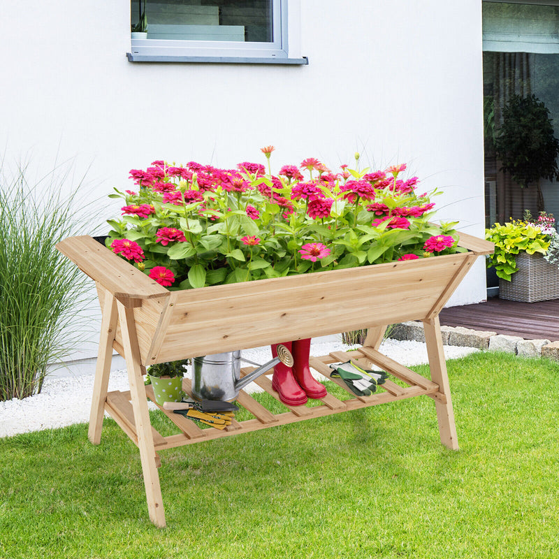 Raised Wood Garden Bed with Shelf and Liner