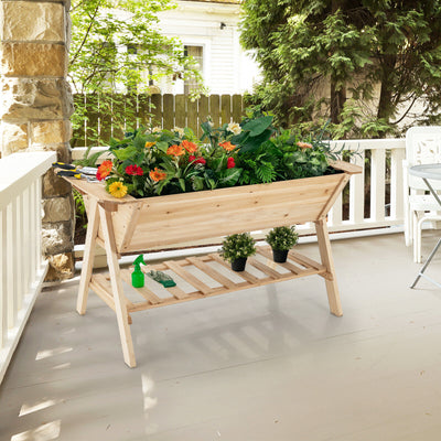 Raised Wood Garden Bed with Shelf and Liner