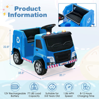 12V Kids Ride-on  Garbage Truck with Warning Lights and 6 Recycling Accessories-Blue