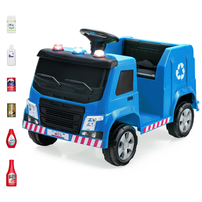 12V Kids Ride-on  Garbage Truck with Warning Lights and 6 Recycling Accessories-Blue